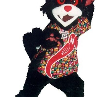 Costume de mascotte personnalisable de chat noir, blanc et rouge.