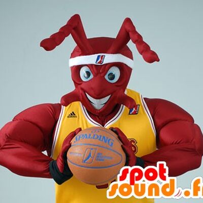 Costume de mascotte personnalisable de fourmi rouge musclée, en tenue de Basket.
