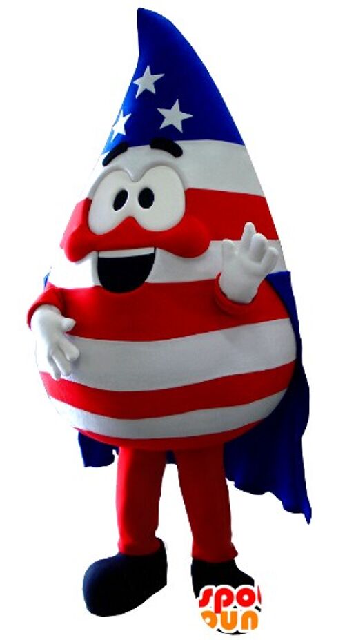 Costume de mascotte personnalisable en forme de goutte, aux couleurs des États-Unis.