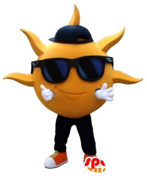 Costume de mascotte personnalisable en forme de soleil jaune, avec des lunettes de soleil.