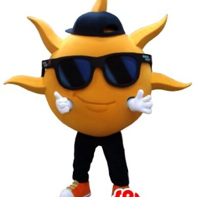 Costume de mascotte personnalisable en forme de soleil jaune, avec des lunettes de soleil.