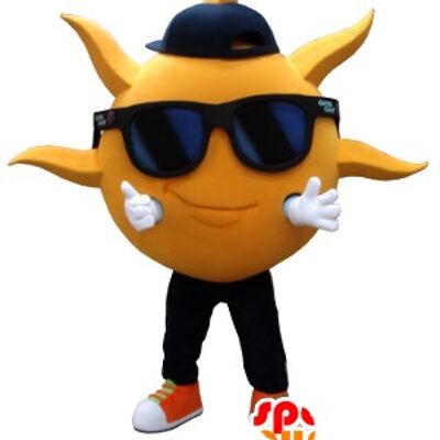 Costume de mascotte personnalisable en forme de soleil jaune, avec des lunettes de soleil.