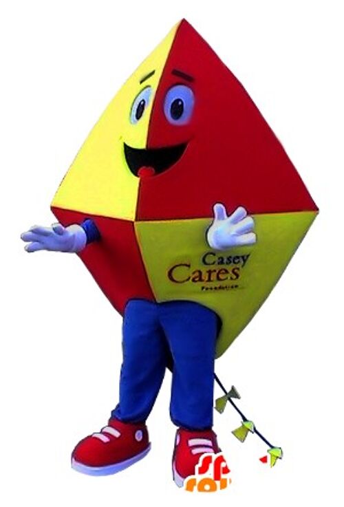 Costume de mascotte personnalisable de cerf-volant rouge, jaune et bleu.