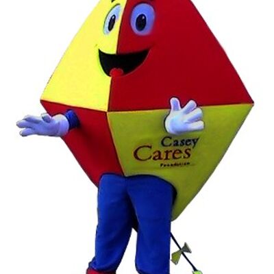 Costume de mascotte personnalisable de cerf-volant rouge, jaune et bleu.