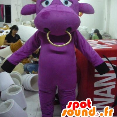 Costume de mascotte personnalisable de vache violette et dorée, de taureau.