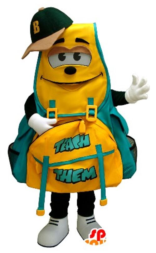 Costume de mascotte personnalisable de sac à dos jaune et vert.