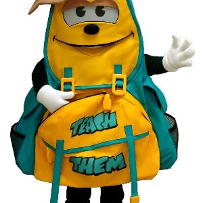 Costume de mascotte personnalisable de sac à dos jaune et vert.