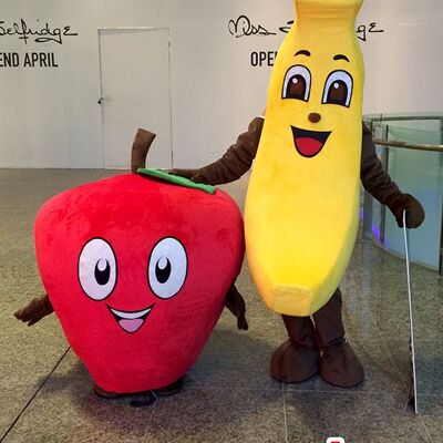 2 Costume de mascotte personnalisable s : une banane jaune et une fraise rouge.