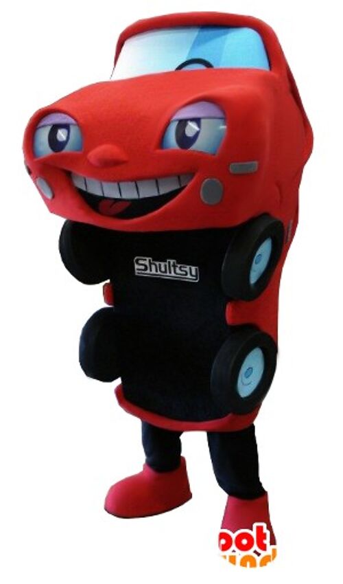 Costume de mascotte personnalisable de voiture rouge et noire.