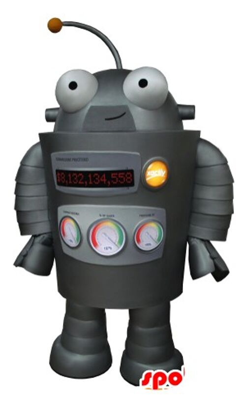 Costume de mascotte personnalisable de robot gris, très rigolo.