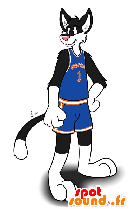 Costume de mascotte personnalisable de chat noir et blanc en tenue de sport.