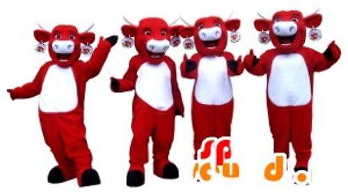 4 Costume de mascotte personnalisable s de vaches Kiri, de vaches rouges et blanches.