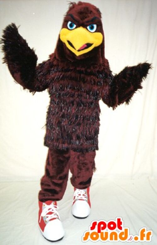 Costume de mascotte personnalisable d'aigle, d'oiseau marron et jaune.