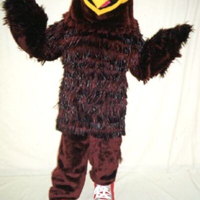 Costume de mascotte personnalisable d'aigle, d'oiseau marron et jaune.
