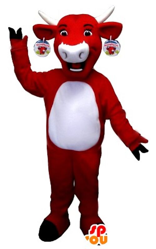 Costume de mascotte personnalisable de vache Kiri, rouge et blanche.