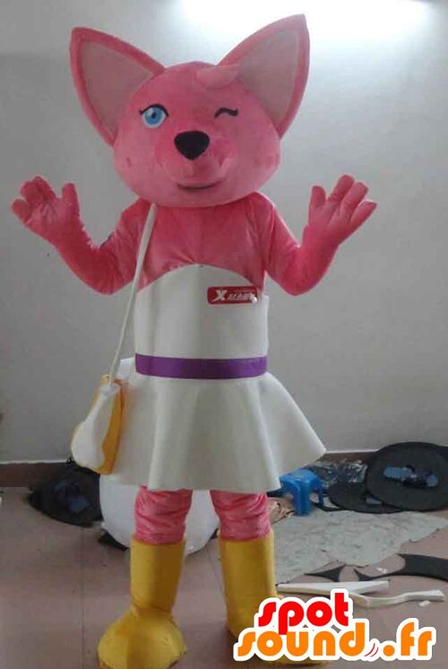 Costume de mascotte personnalisable de chat rose avec une robe blanche.