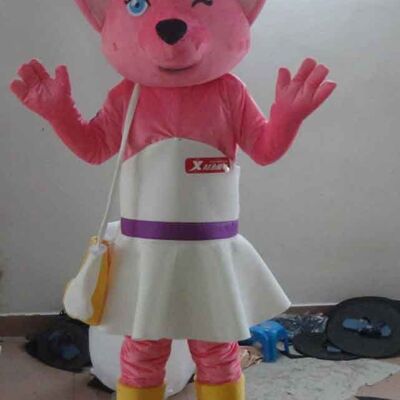 Costume de mascotte personnalisable de chat rose avec une robe blanche.