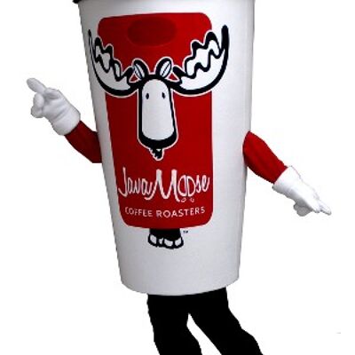 Costume de mascotte personnalisable de gobelet de café, blanc et rouge.