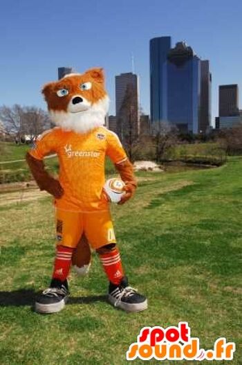 Costume de mascotte personnalisable de renard orange et blanc en tenue de sport jaune.