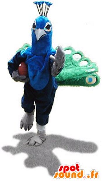 Costume de mascotte personnalisable de paon, vert et bleu. 1