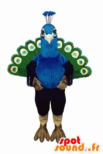Costume de mascotte personnalisable de paon, vert et bleu. 2