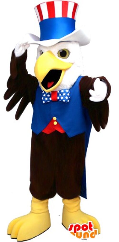 Costume de mascotte personnalisable d'aigle noir et blanc, en tenue de républicain.