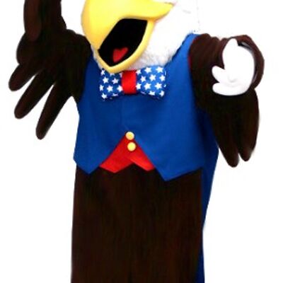 Costume de mascotte personnalisable d'aigle noir et blanc, en tenue de républicain.
