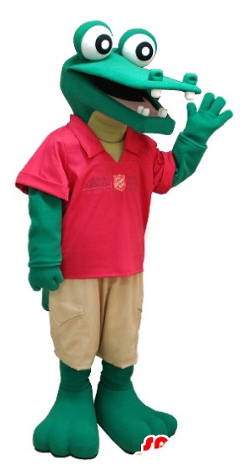 Costume de mascotte personnalisable de crocodile vert, en tenue rouge et beige.