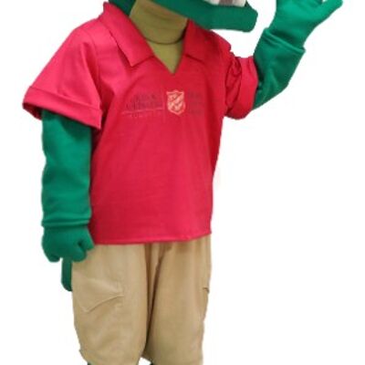 Costume de mascotte personnalisable de crocodile vert, en tenue rouge et beige.