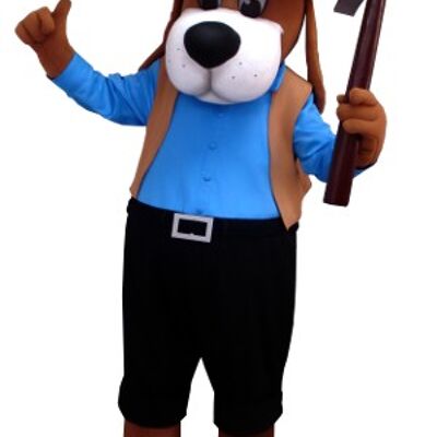 Costume de mascotte personnalisable de chien marron, en tenue bleue et noire.