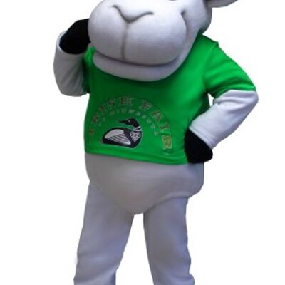 Costume de mascotte personnalisable de mouton blanc avec un t-shirt vert.