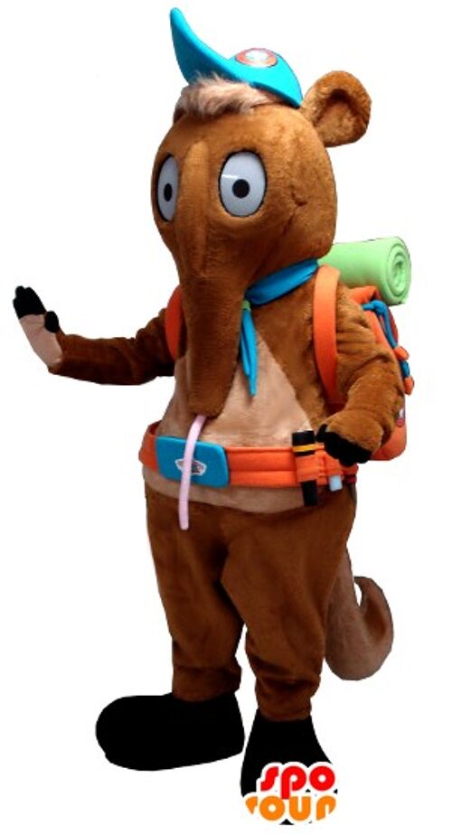 Costume de mascotte personnalisable de tamanoir, de tapir marron avec un sac de randonneur.