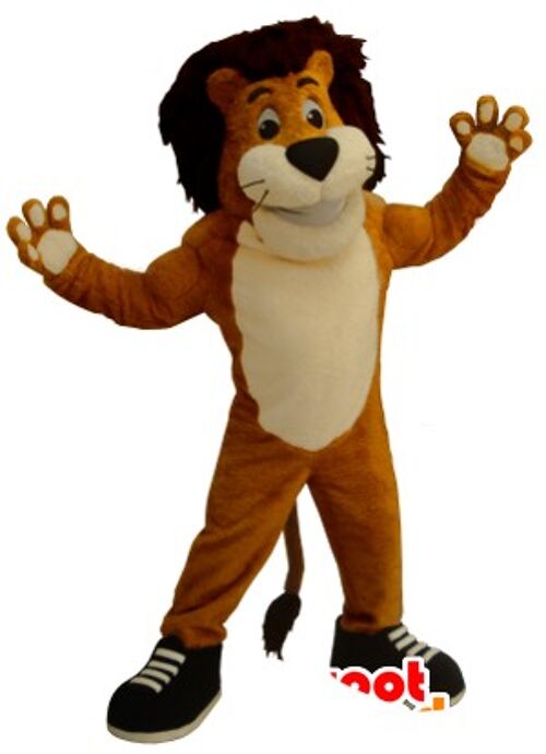 Costume de mascotte personnalisable de lion orange, noir et blanc.