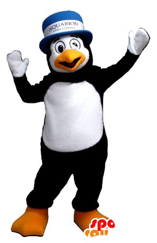 Costume de mascotte personnalisable de pingouin noir et blanc, avec un chapeau.