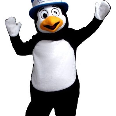 Costume de mascotte personnalisable de pingouin noir et blanc, avec un chapeau.