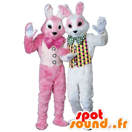 2 Costume de mascotte personnalisable s de lapins roses et blancs.