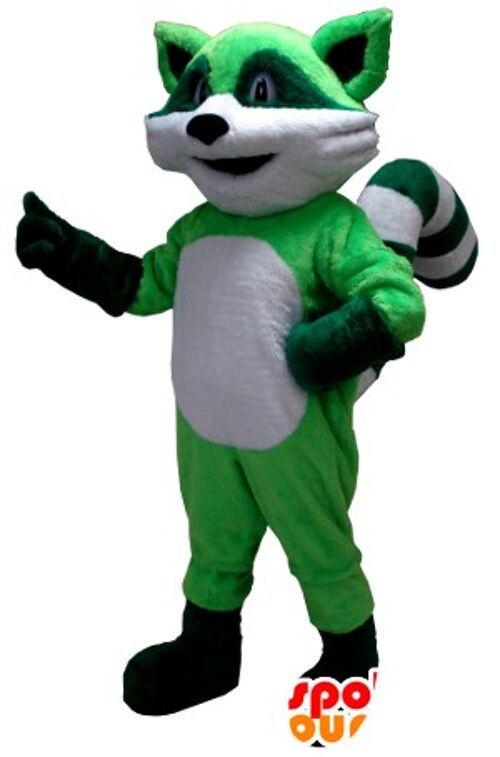 Costume de mascotte personnalisable de raton laveur vert et blanc.