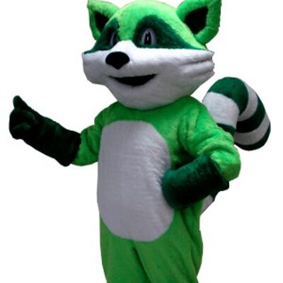 Costume de mascotte personnalisable de raton laveur vert et blanc.