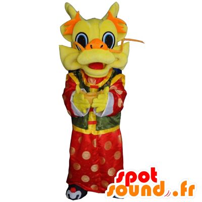 Costume de mascotte personnalisable de dragon chinois, jaune, rouge et vert.