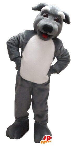 Costume de mascotte personnalisable de chien gris et blanc.