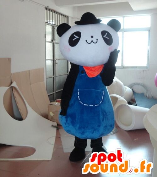 Costume de mascotte personnalisable de panda noir et blanc, en robe bleue.