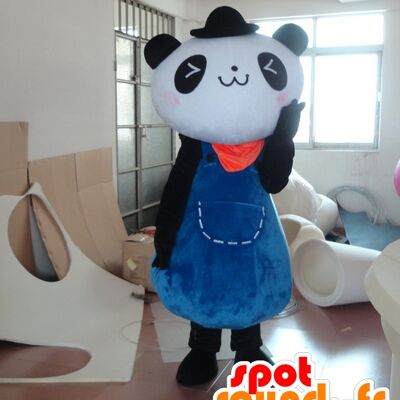 Costume de mascotte personnalisable de panda noir et blanc, en robe bleue.