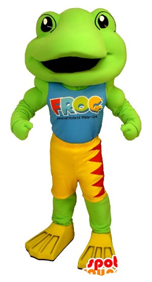 Costume de mascotte personnalisable de grenouille verte, jaune et rouge.