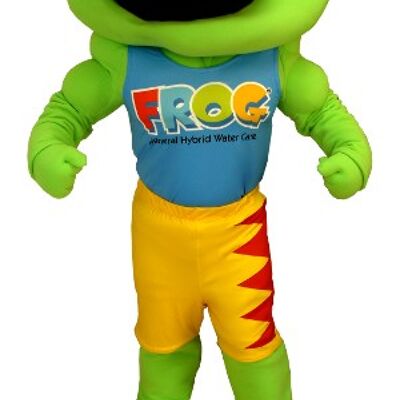 Costume de mascotte personnalisable de grenouille verte, jaune et rouge.