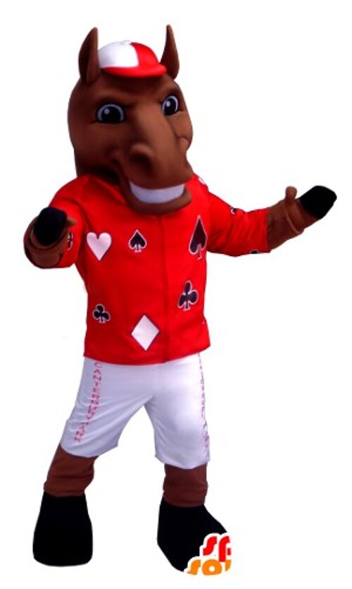 Costume de mascotte personnalisable de cheval marron en tenue de jockey.