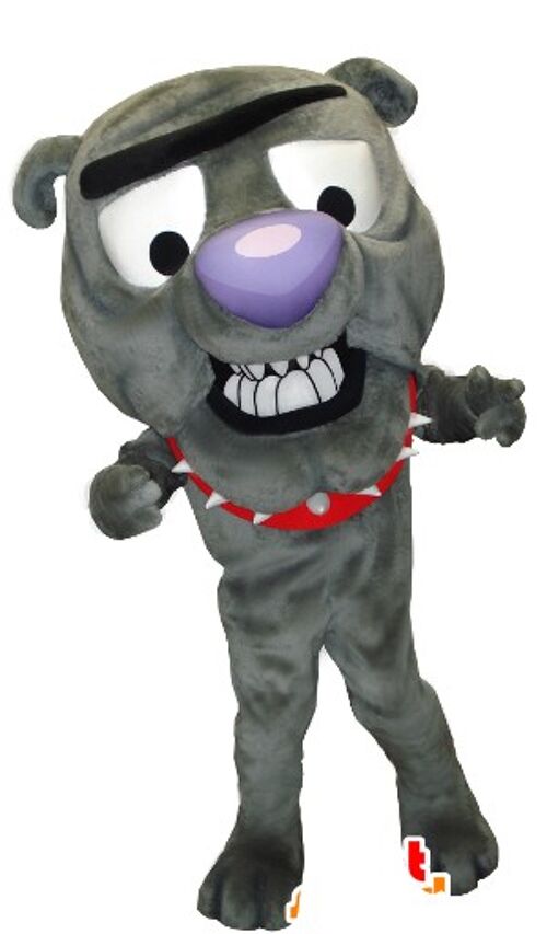 Costume de mascotte personnalisable de chien gris, de bulldog.
