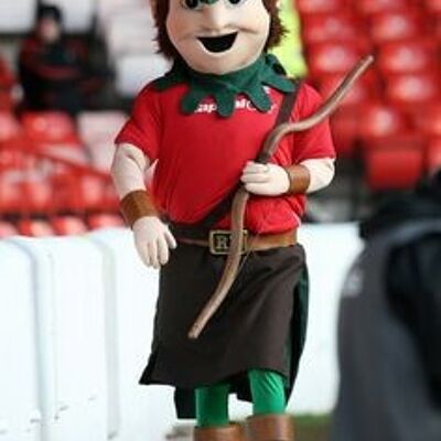 Costume de mascotte personnalisable de Robin des bois en tenue rouge et verte.