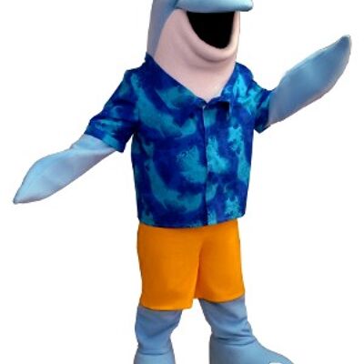 Costume de mascotte personnalisable de dauphin bleu et blanc avec une chemise hawaïenne.