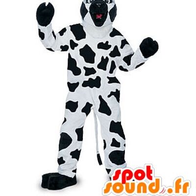 Costume de mascotte personnalisable de vache blanche et noire.