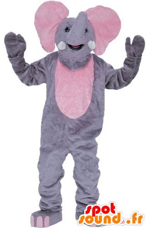 Costume de mascotte personnalisable d'éléphant gris et rose, géant.